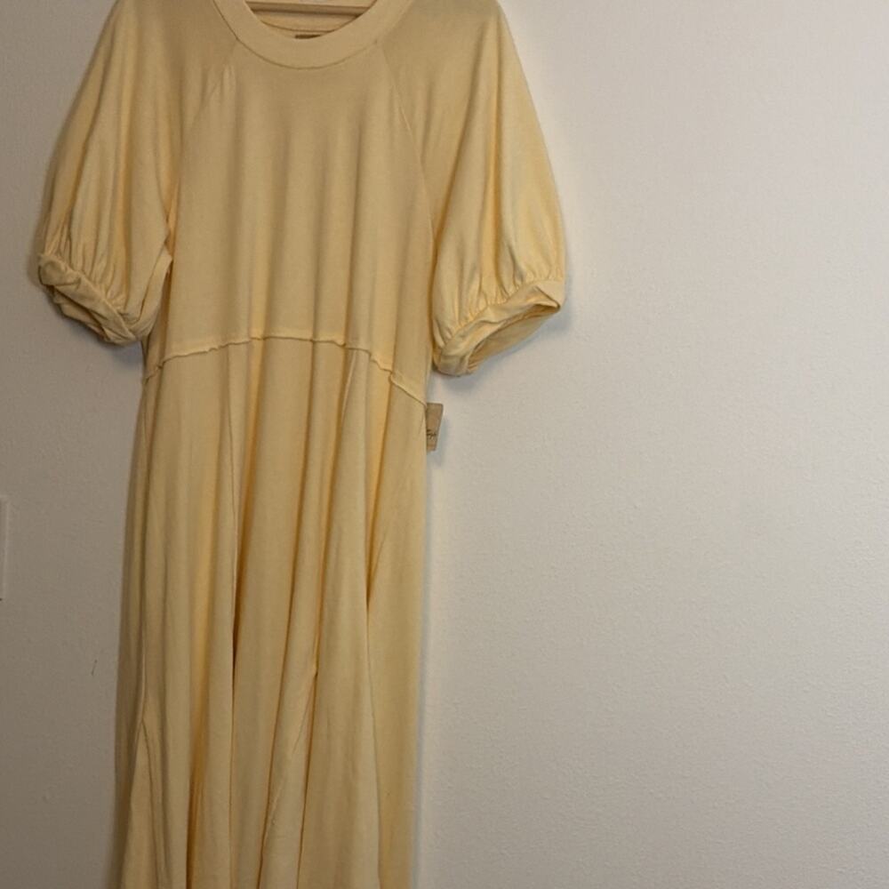 Free people Yellow Knit A-Line Long Dress Puff Short Sleeve Crew Neck Ruffle L-G - Picture 2 of 9